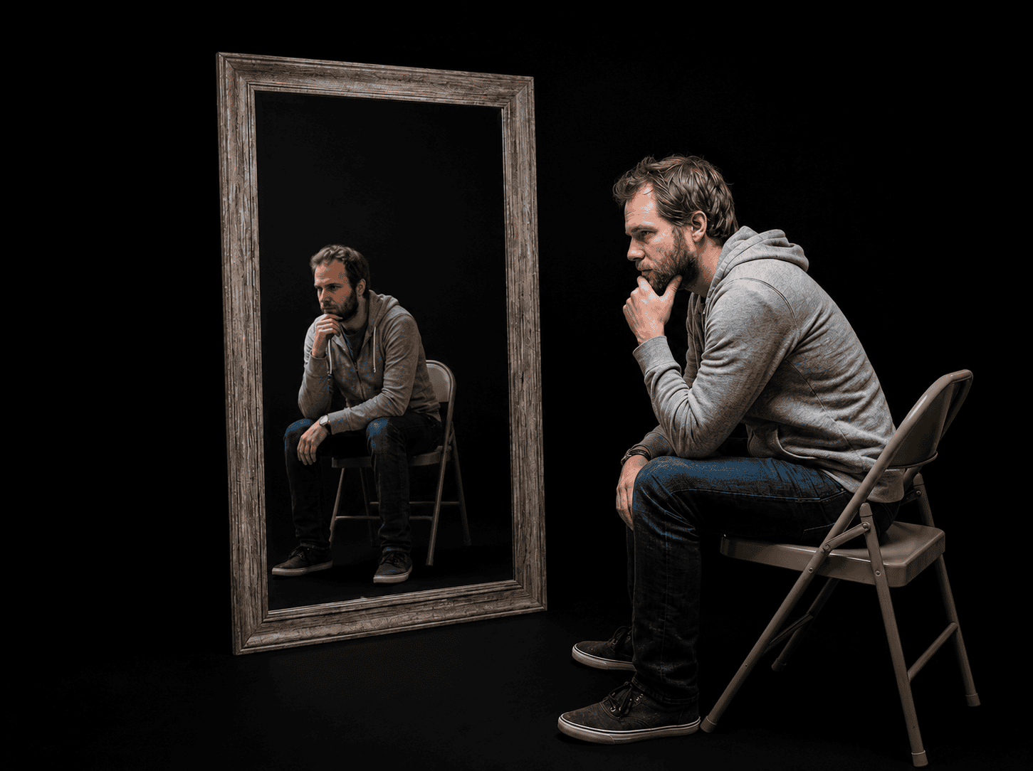 man looking in a mirror in deep thought