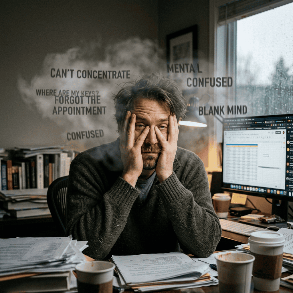 Overwhelmed man experiencing brain fog Man at desk holding face with words like 'Can't concentrate', 'Mental confused', and 'Forgot appointment' floating around.